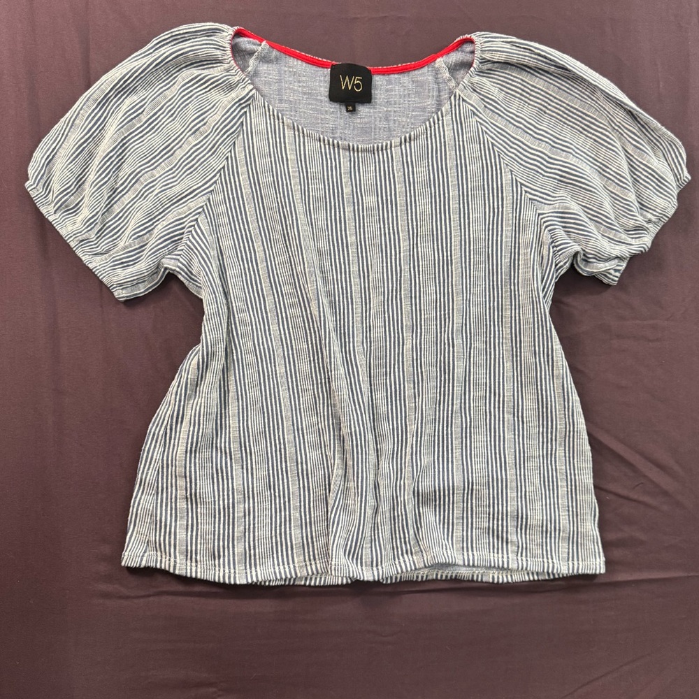 W5 Women's Blue & White Vertical Stripe Puff Sleeve Top with Red Trim